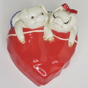 Vintage 1980 Fitz and Floyd, "Makin Bacon" Ceramic Heart Shaped Trinket Box